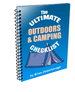 A spiral bound book with the cover of the ultimate outdoors and camping checklist.