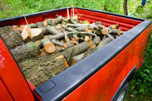 A red truck with logs in the back of it.