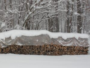 A pile of wood in the snow near trees.