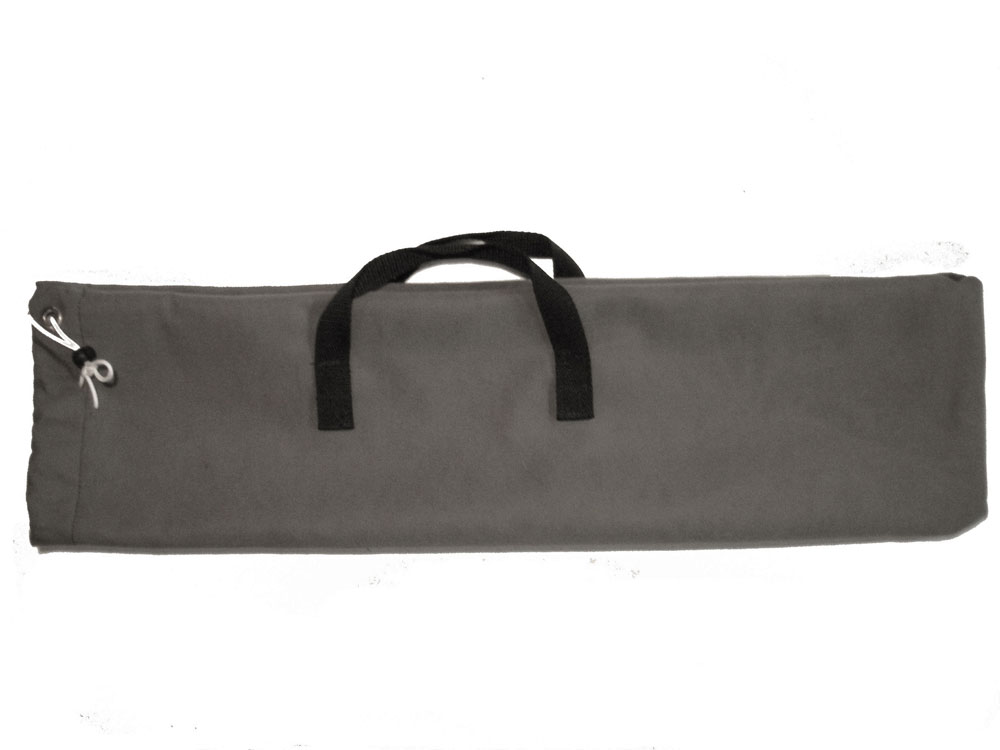 A gray bag with black handles and a handle.