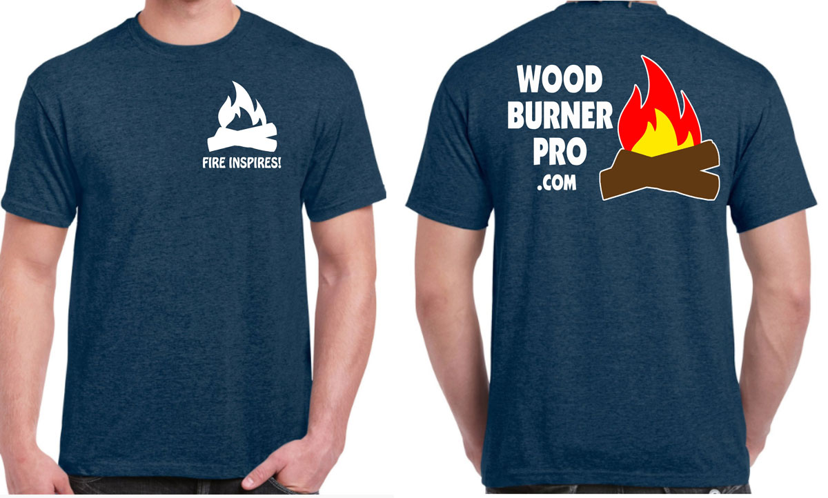 A t-shirt with the words " wood burner pro " and " fire impress ".
