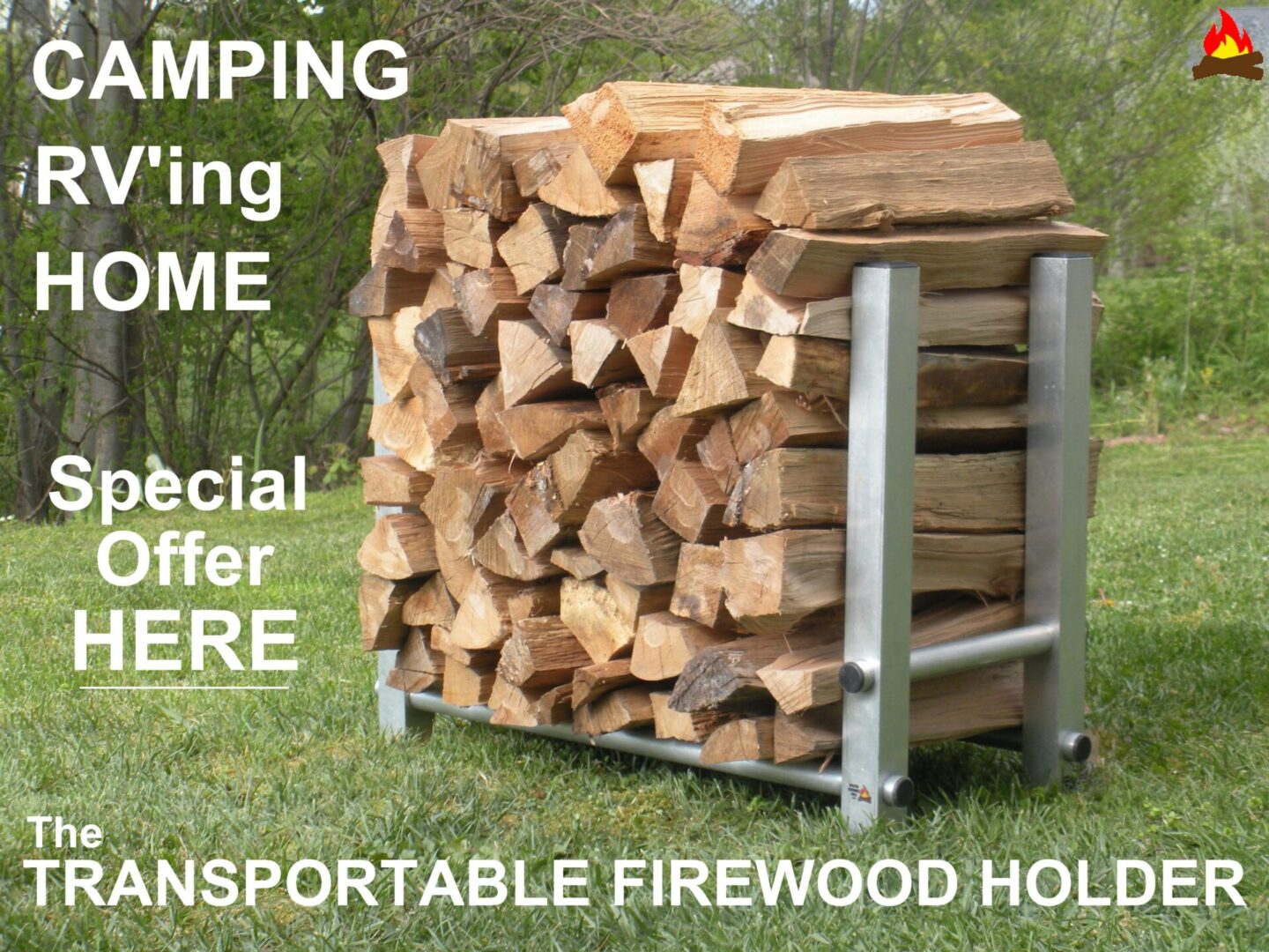 A firewood holder is shown with the words " camping, living home ", and " special offer here ".