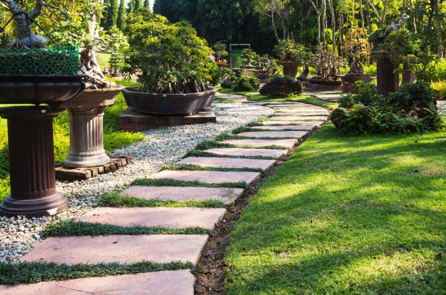 stone path through beautiful landscaped garden
