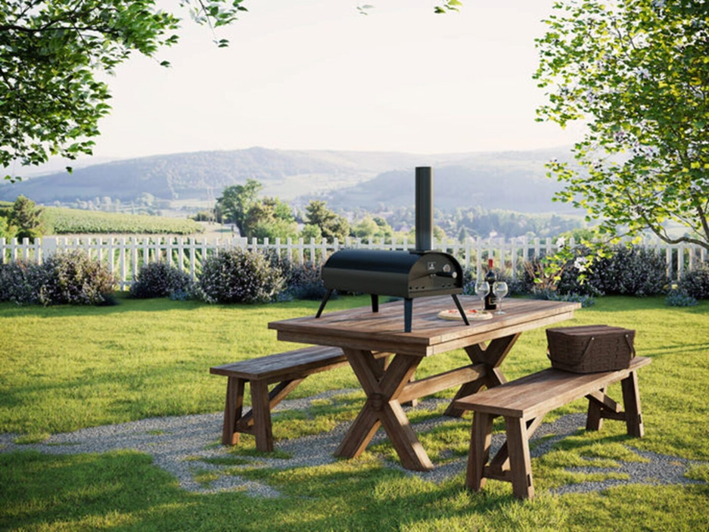 A picnic table with benches and an outdoor oven.