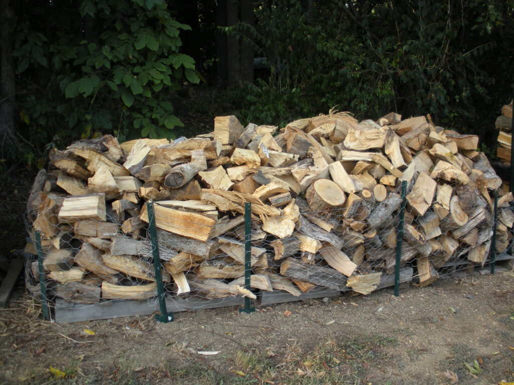 pile of firewood odds and ends stacked on wooden pallets and held together with chicken wire surrounding the pile outdoors alongside trees