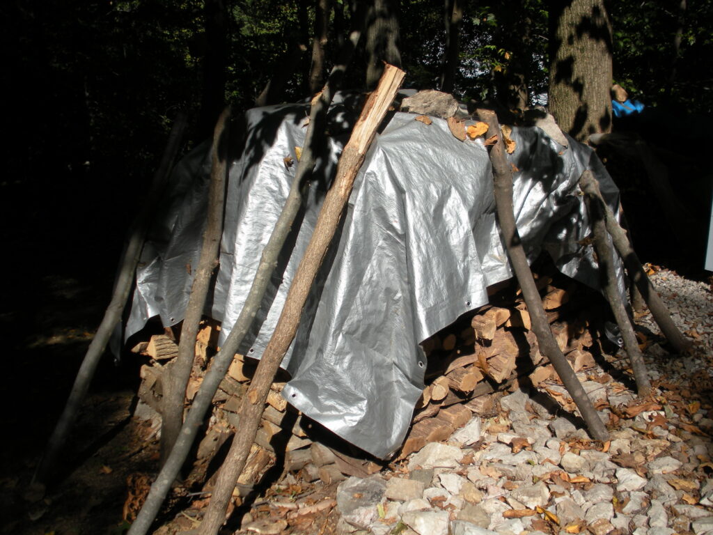 firewood pile outdoors in woods covered sloppily with a silver tarp and branches propped up laying along the sides