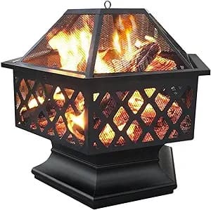 black outdoor firepit with yellow and orange flames burning from wood