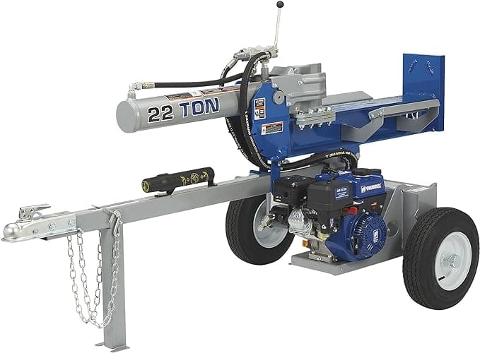 blue 22 ton hydraulic log splitter with engine and towing hitch and wheels